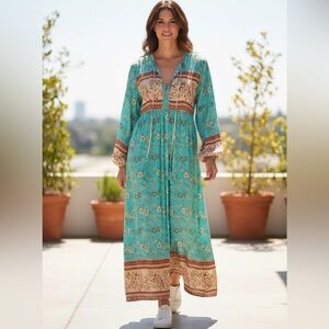 R.Vivimos Tassel Bohemian Maxi Dress Bohemian Teal Dress Size S